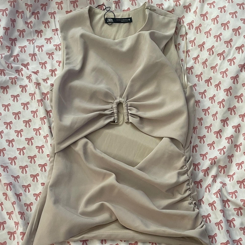 Zara Light Beige Ruched Sleeveless Blouse